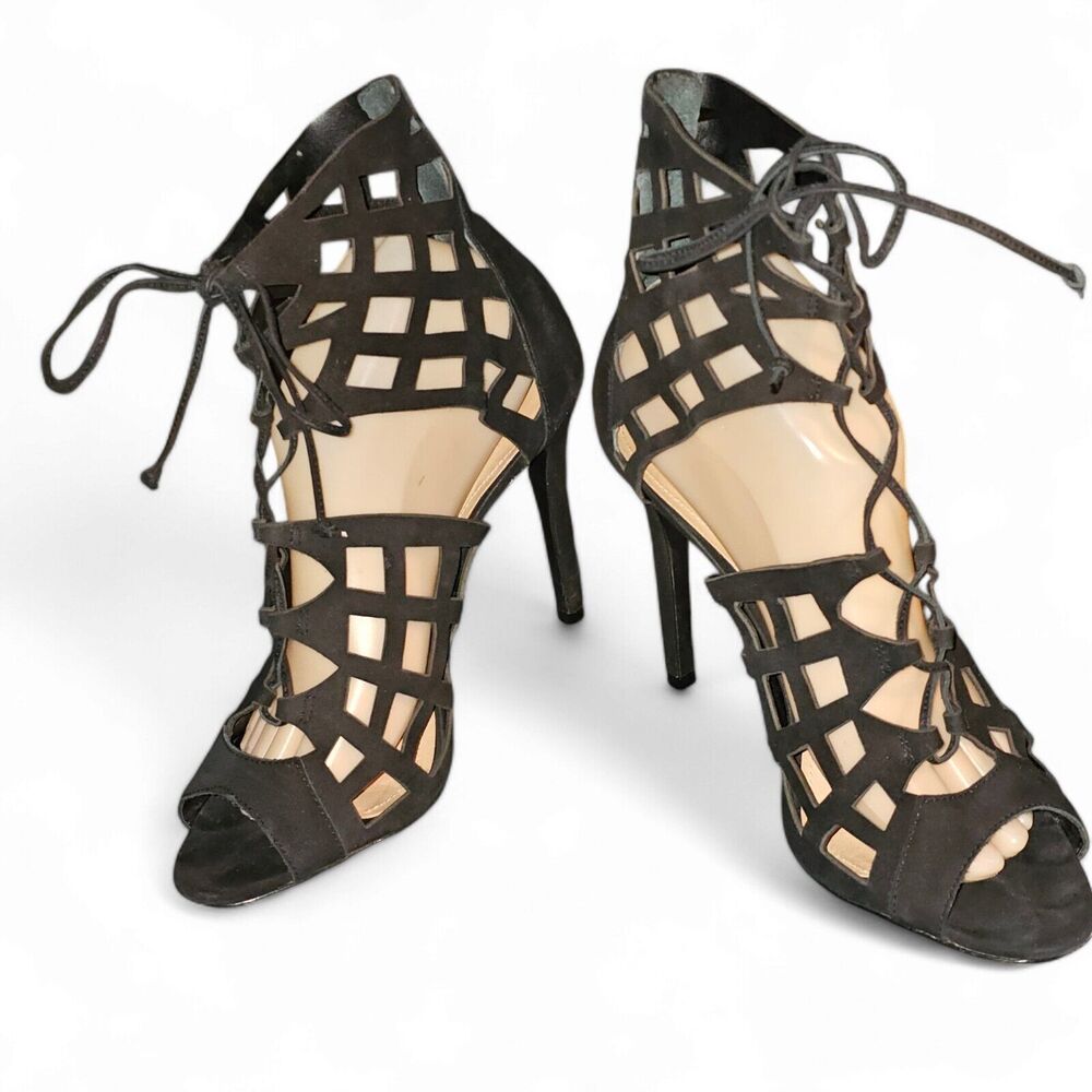 Schutz Laser Cut Cage Gladiator Black Suede Open Toe Stiletto Heel Sz 11